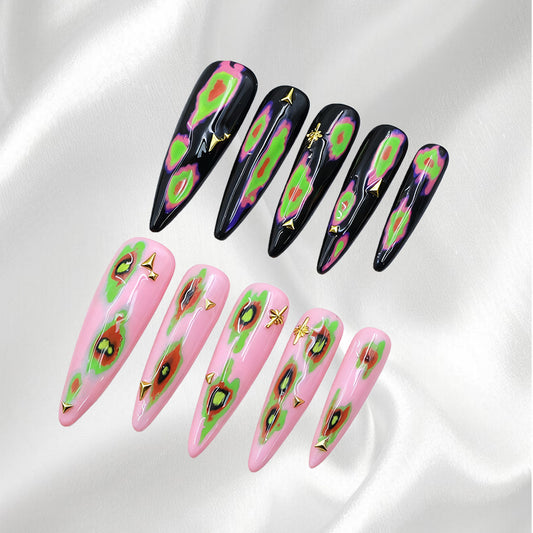 Vibrant Abstract Print Stiletto Press-on Nails with Gold Studs