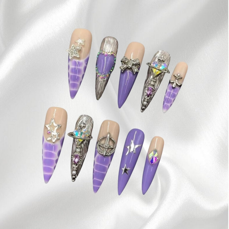 Purple Stiletto Press-on Nails with Star, Heart & Rhinestone Accents