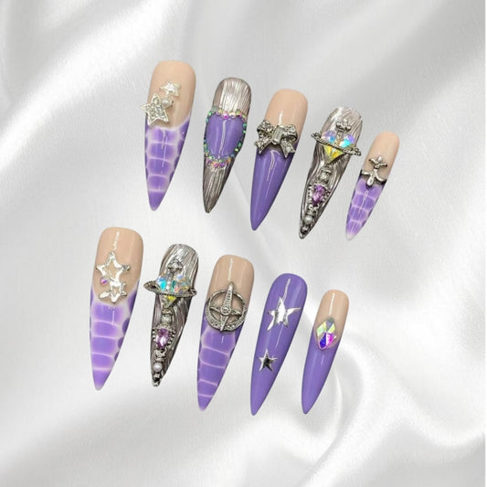 Purple Stiletto Press-on Nails with Star, Heart & Rhinestone Accents