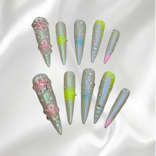 Holographic Stiletto Press-on Nails with 3D Flower & Rhinestone Accents
