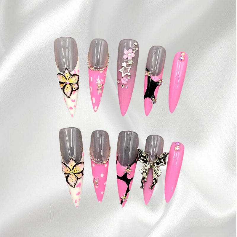 Pink & Gray Stiletto Press-on Nails with 3D Butterfly, Flower & Rhinestone Accents