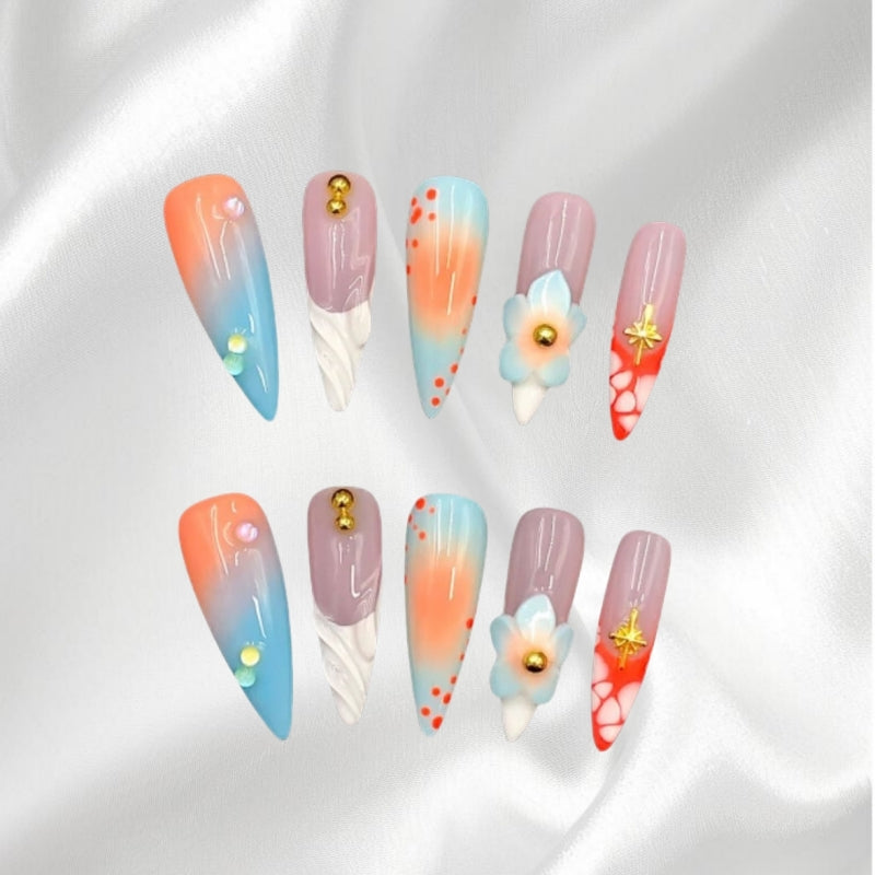 Pastel Gradient Stiletto Press-on Nails with Floral & Gold Accents