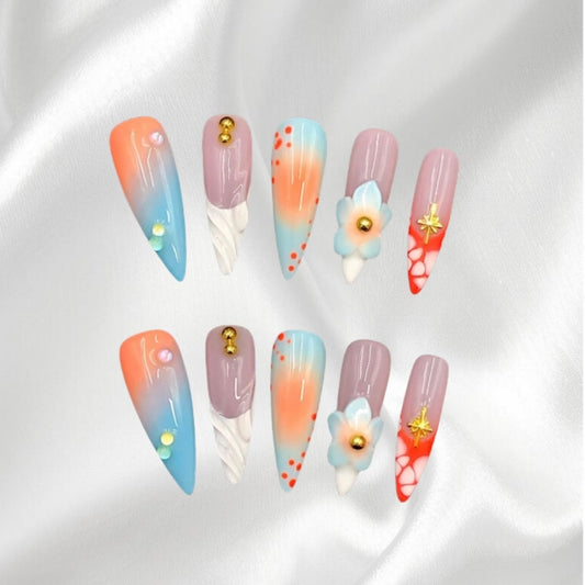 Pastel Gradient Stiletto Press-on Nails with Floral & Gold Accents