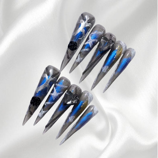 Gothic Blue&Gray Long Stiletto Press-on Nails with Chains & 3D Accents