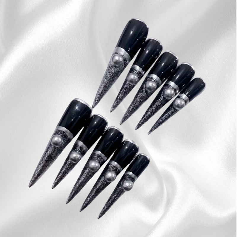 Glam Black & Silver Glitter Long Stiletto Press-on Nails with Pearl Accents