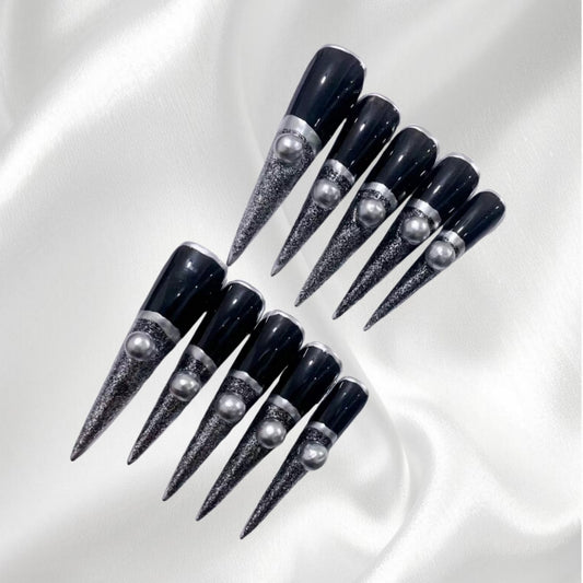Glam Black & Silver Glitter Long Stiletto Press-on Nails with Pearl Accents