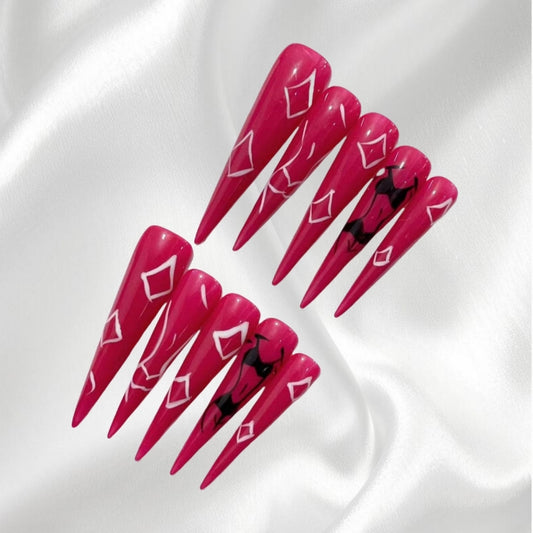 Vibrant Hot Pink Long Stiletto Press-on Nails with White Geometric & Bikini Designs