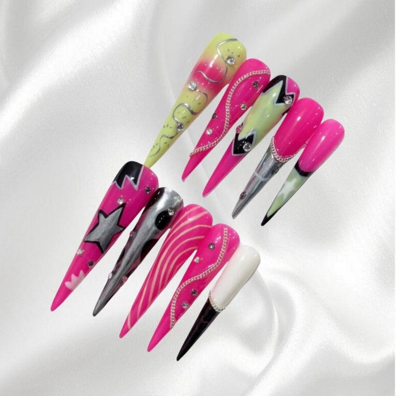 Neon Pink & Multi Color Long Stiletto Press-on Nails Y2K-Inspired Nail Art
