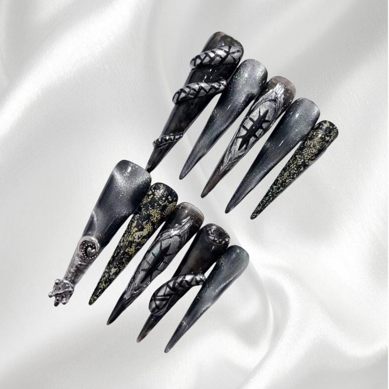 Gothic Black Long Stiletto Press-on Nails with Snake & Mystic Patterns