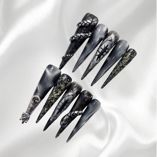 Gothic Black Long Stiletto Press-on Nails with Snake & Mystic Patterns