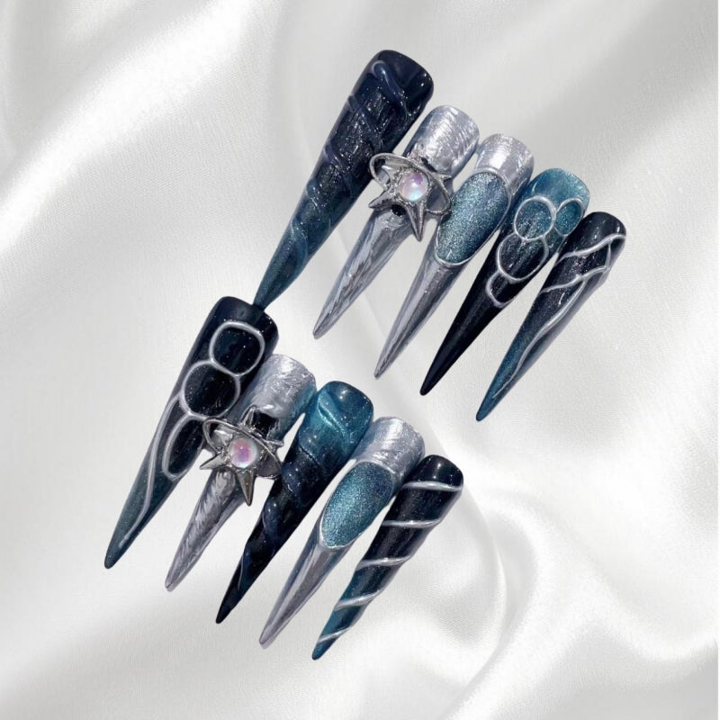 Celestial Blue & Silver Long Stiletto Press-on Nails with Star Charms