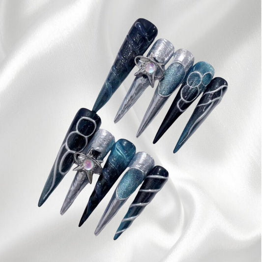 Celestial Blue & Silver Long Stiletto Press-on Nails with Star Charms