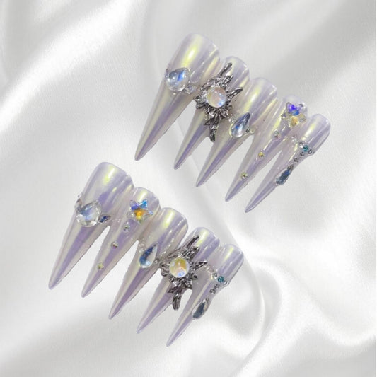 Glamorous Iridescent Stiletto Press - on Nails with Crystal Accents