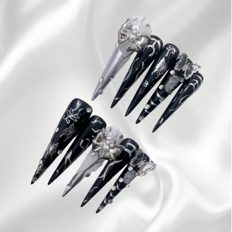 Gothic Black & Silver Stiletto Press-on Nails with Butterfly & Pearl Accents