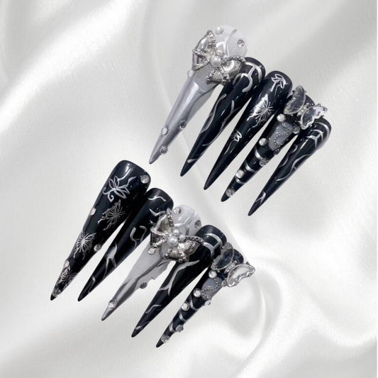 Gothic Black & Silver Stiletto Press-on Nails with Butterfly & Pearl Accents
