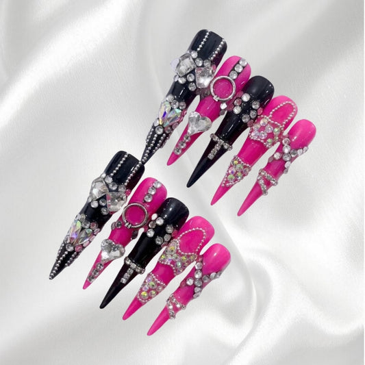Barbie-Inspired Hot Pink & Black Stiletto Press-on Nails with Rhinestone Accents