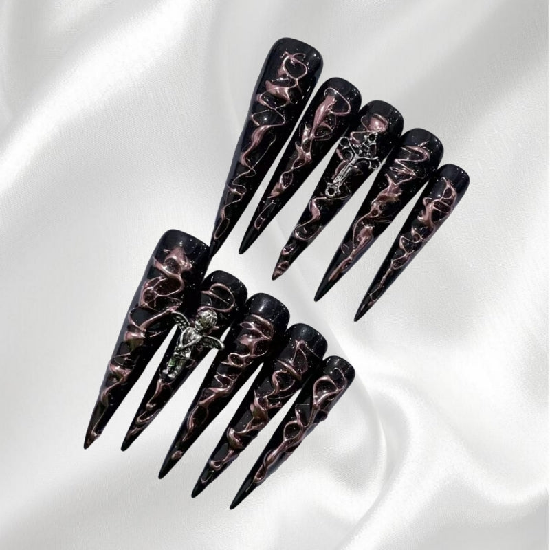 Gothic Black Stiletto Press-on Nails with Bronze Swirl & Metal Charm Details